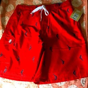 IZOD BOARD SHORTS BATHING SUIT TRUNKS RED MENS SIZE LARGE L DOLPHIN PRINT NEW !